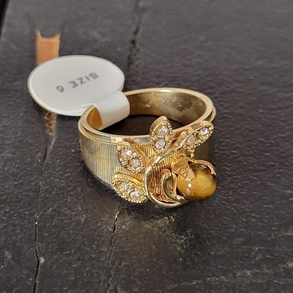 Vintage NWT 14K GE Gold Ring Genuine Tiger Eye Stone Brown Thick Women's 6